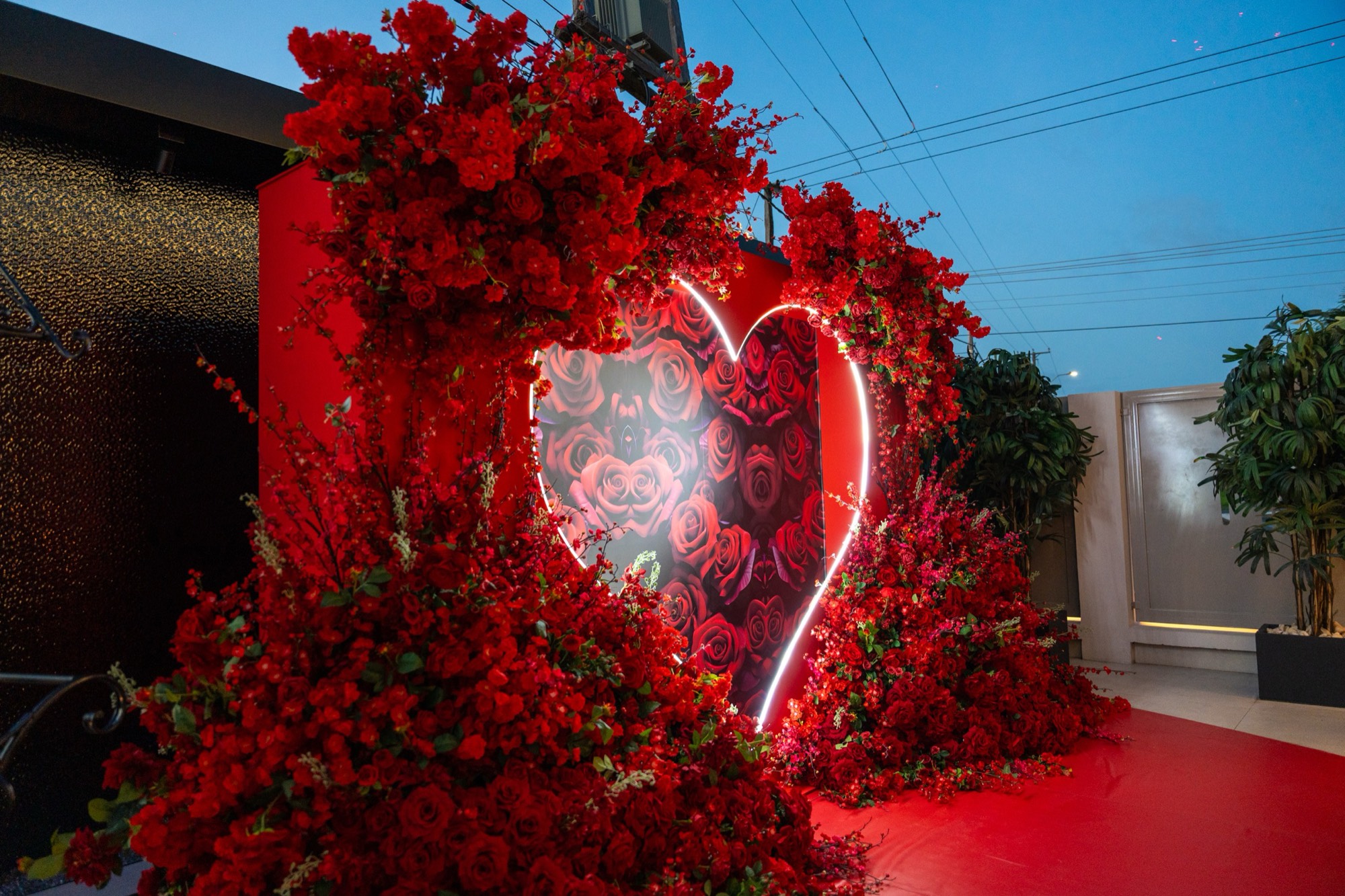 Wand van rode rozen met een neon hart